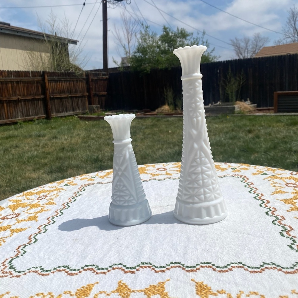 Vintage milk glass bud vase set of two